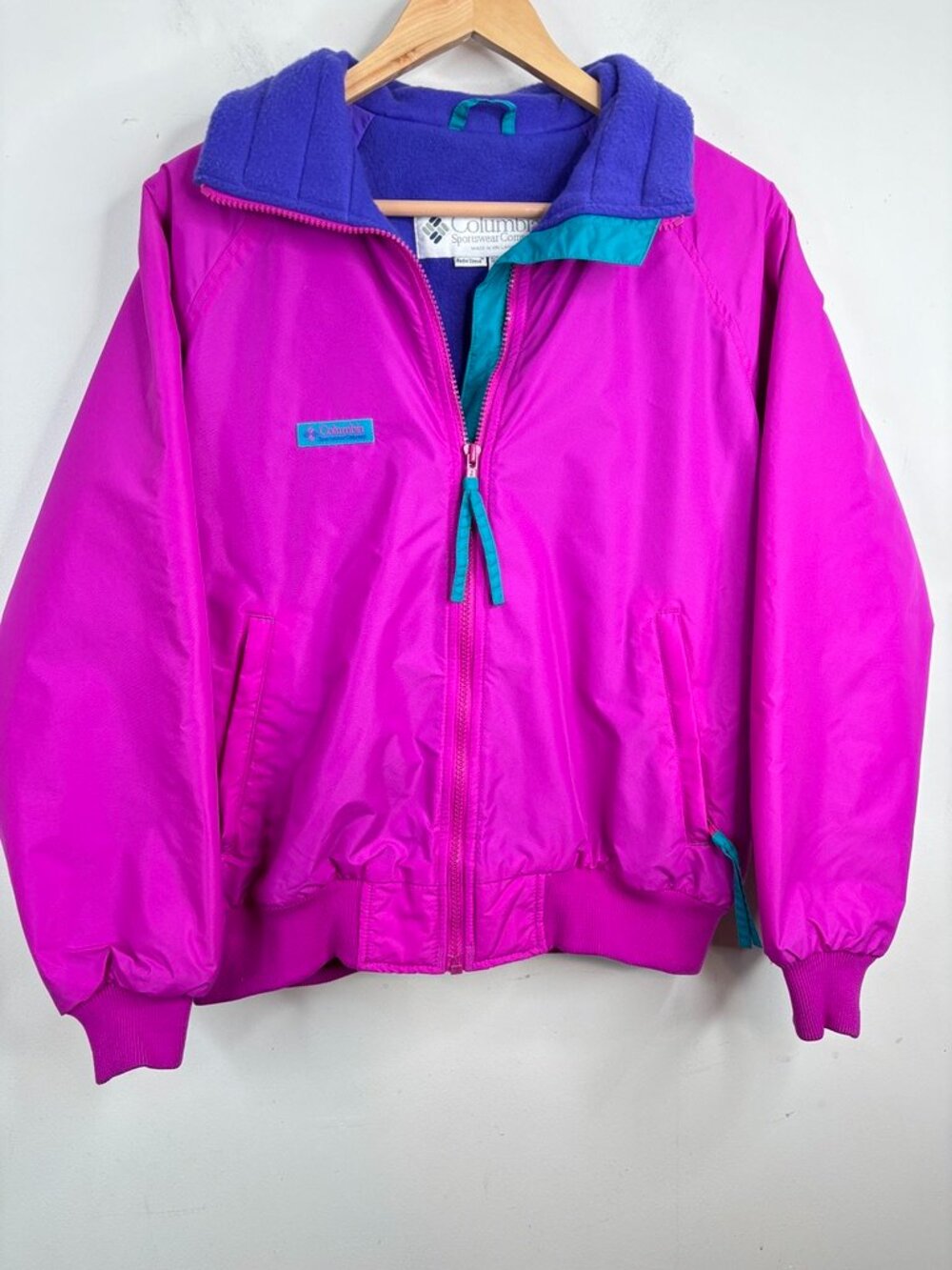 VTG 90s Columbia Jacket Womens M Pink Teal Purple Fleece Lined Bomber Retro Gorp